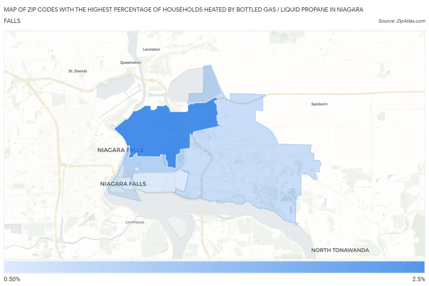 Zip Codes with the Highest Percentage of Households Heated by Bottled Gas / Liquid Propane in Niagara Falls Map