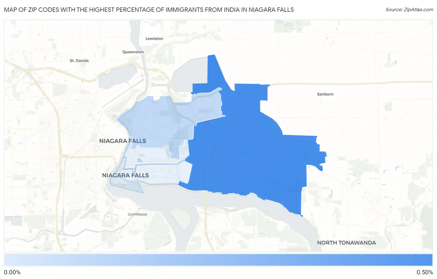 Zip Codes with the Highest Percentage of Immigrants from India in Niagara Falls Map