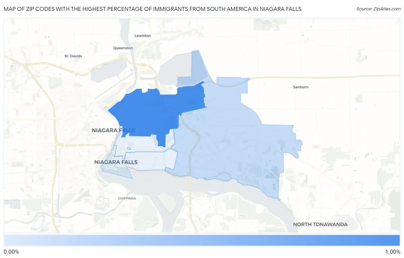 Zip Codes with the Highest Percentage of Immigrants from South America in Niagara Falls Map