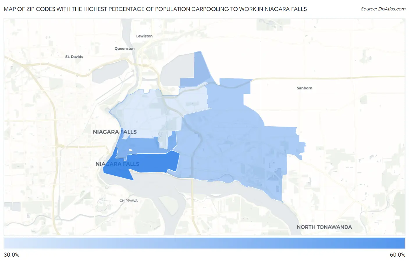 Zip Codes with the Highest Percentage of Population Carpooling to Work in Niagara Falls Map