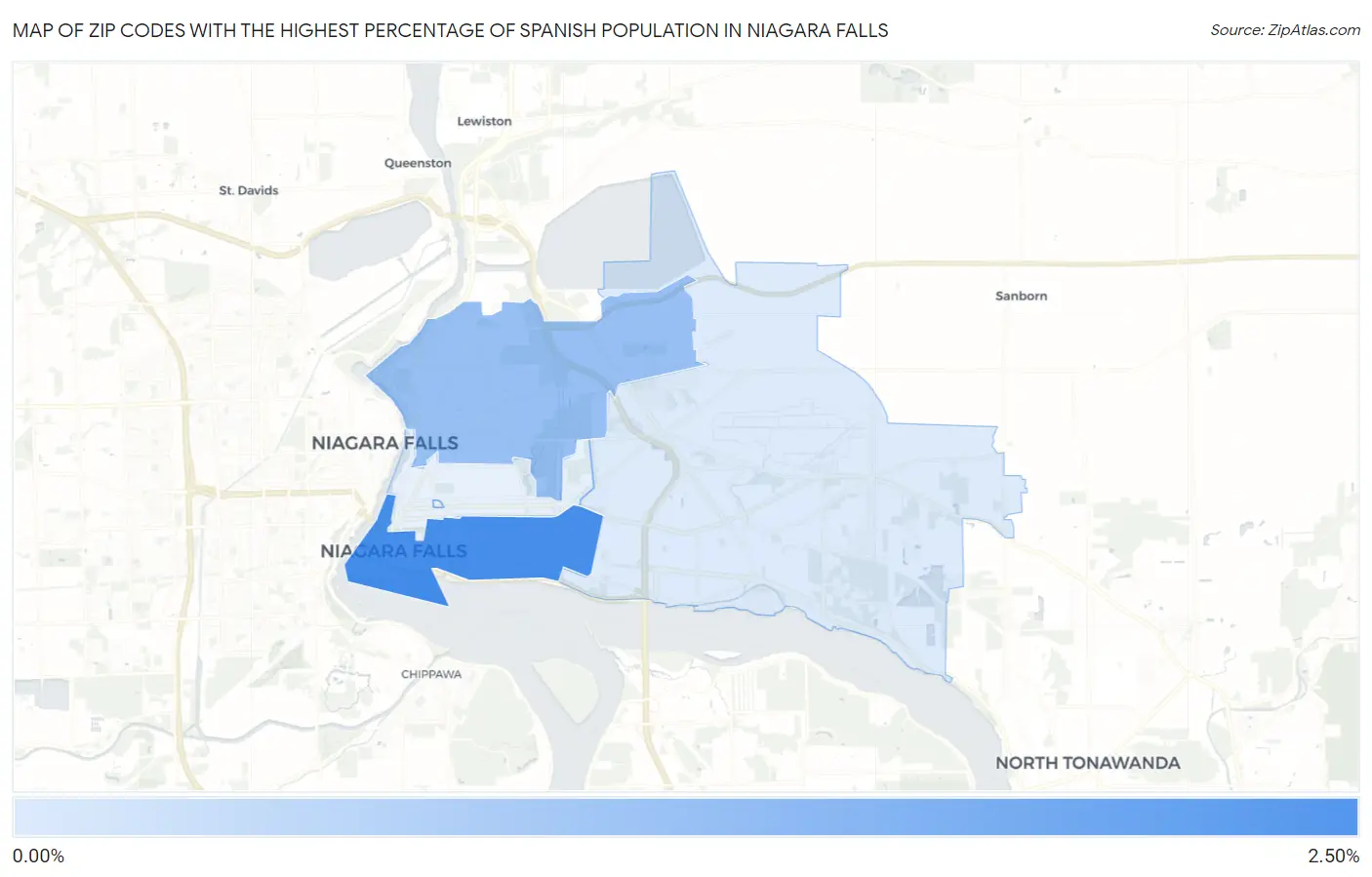 Zip Codes with the Highest Percentage of Spanish Population in Niagara Falls Map