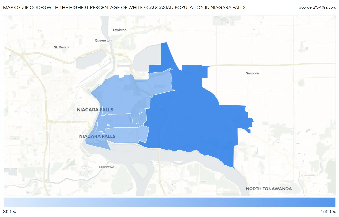 Zip Codes with the Highest Percentage of White / Caucasian Population in Niagara Falls Map