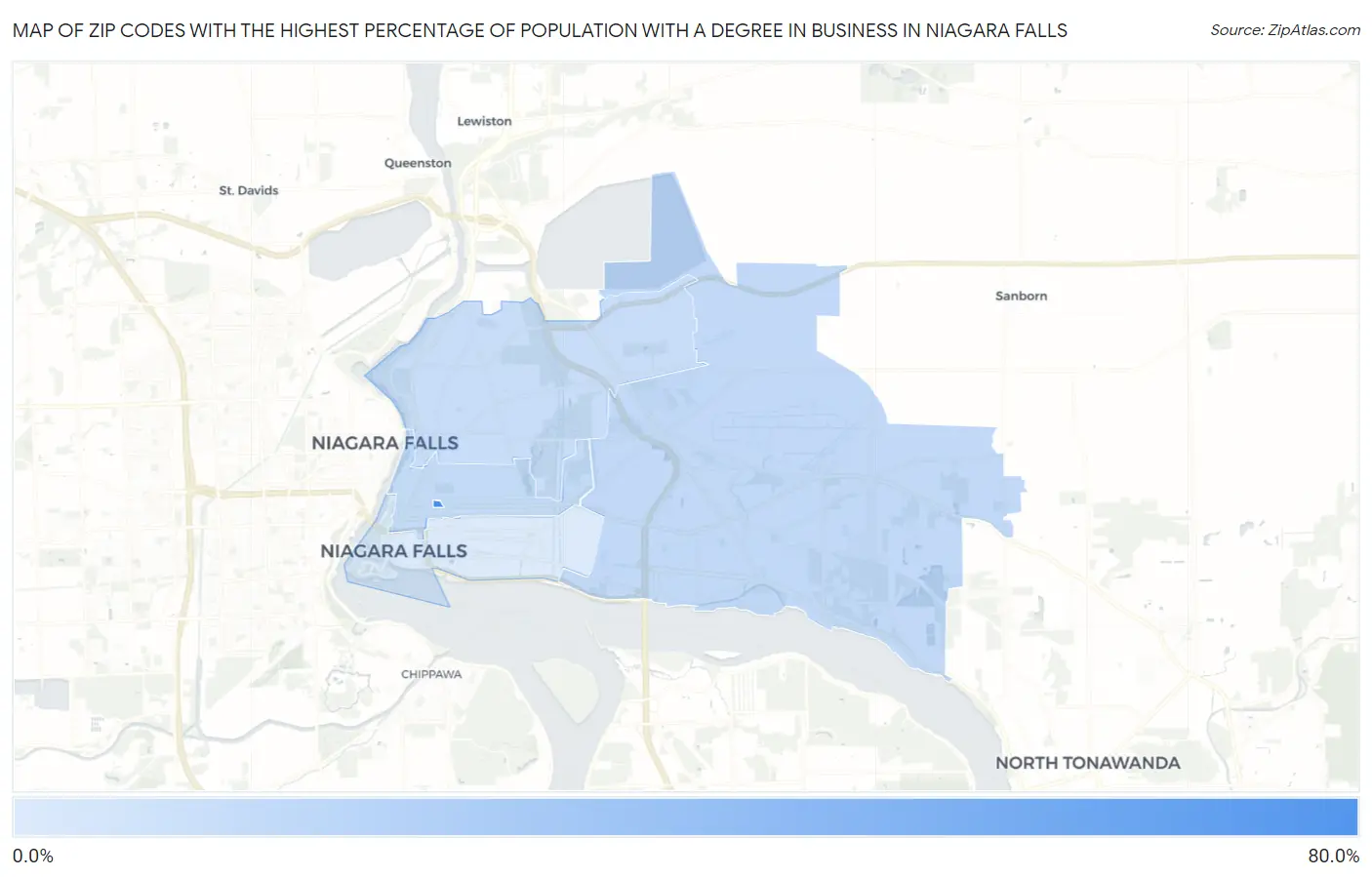 Zip Codes with the Highest Percentage of Population with a Degree in Business in Niagara Falls Map