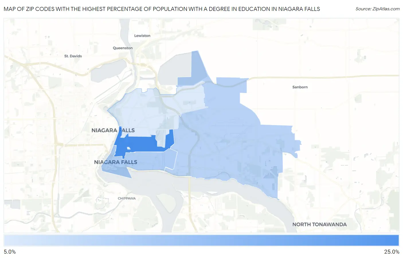 Zip Codes with the Highest Percentage of Population with a Degree in Education in Niagara Falls Map