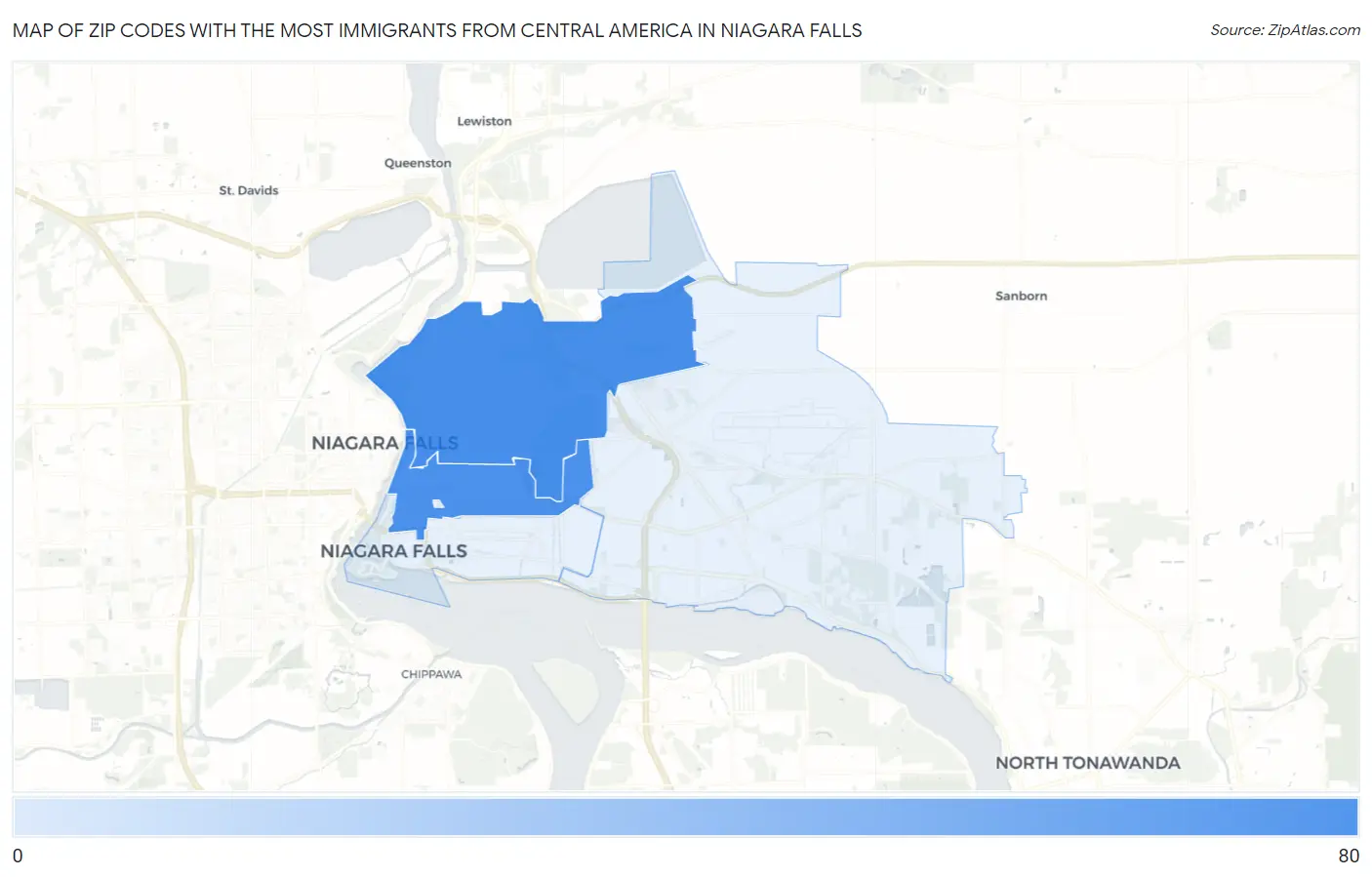 Zip Codes with the Most Immigrants from Central America in Niagara Falls Map