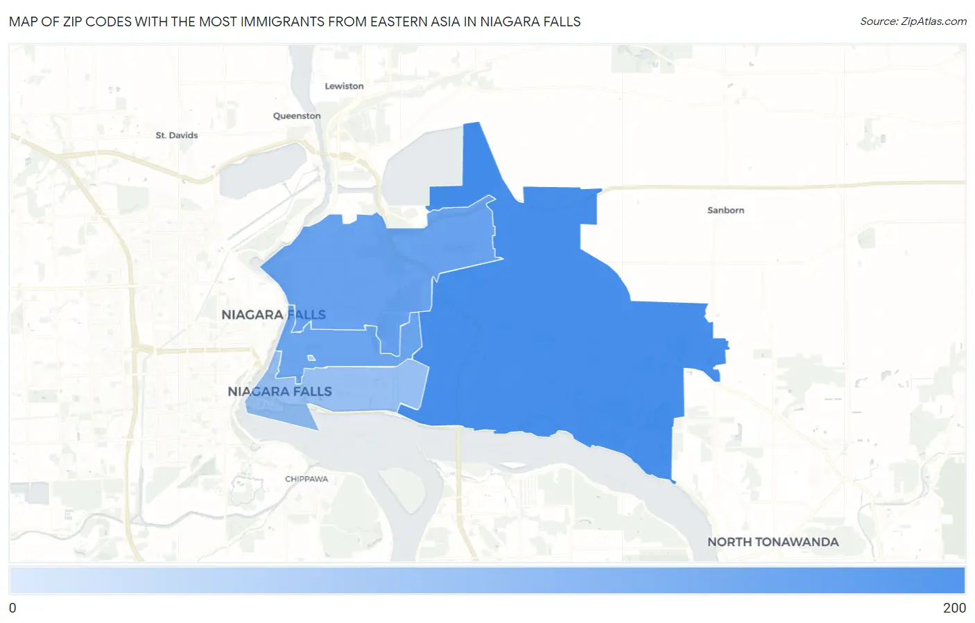 Zip Codes with the Most Immigrants from Eastern Asia in Niagara Falls Map