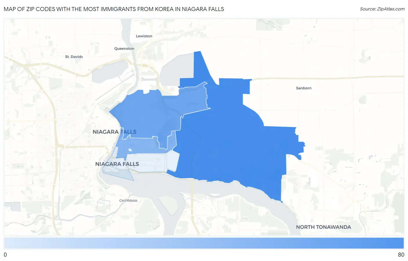 Zip Codes with the Most Immigrants from Korea in Niagara Falls Map