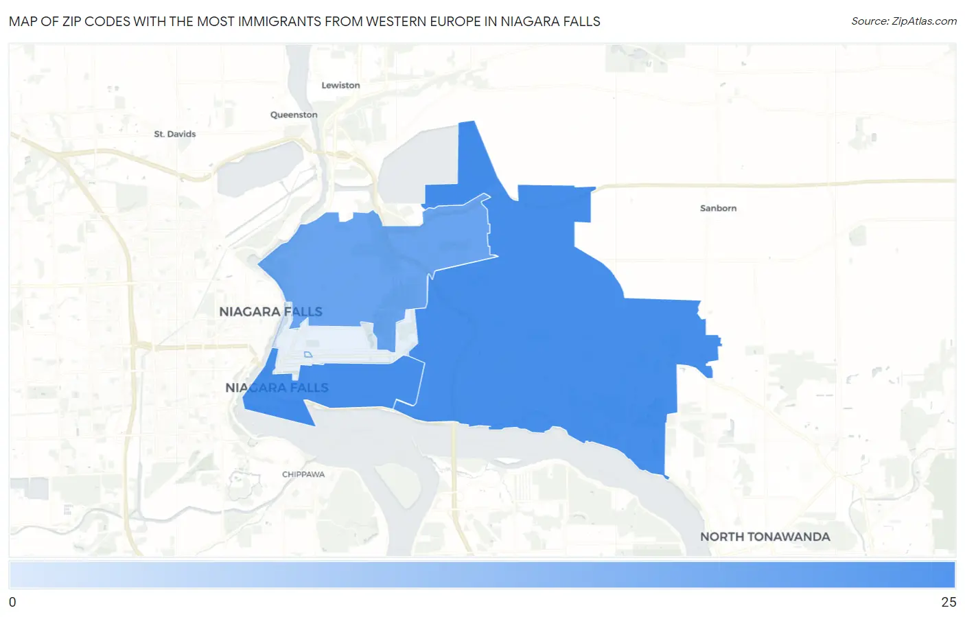 Zip Codes with the Most Immigrants from Western Europe in Niagara Falls Map