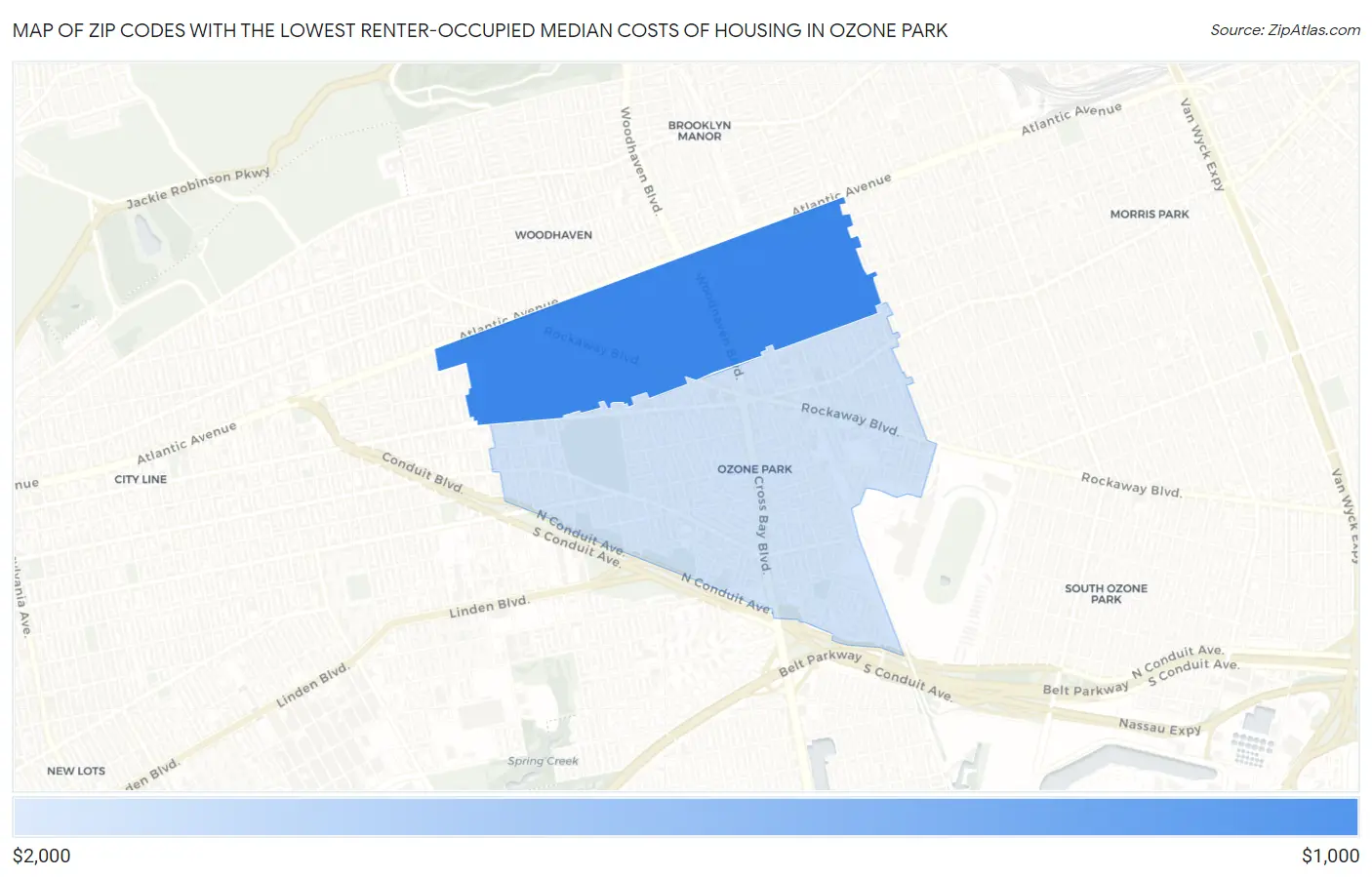 Zip Codes with the Lowest Renter-Occupied Median Costs of Housing in Ozone Park Map