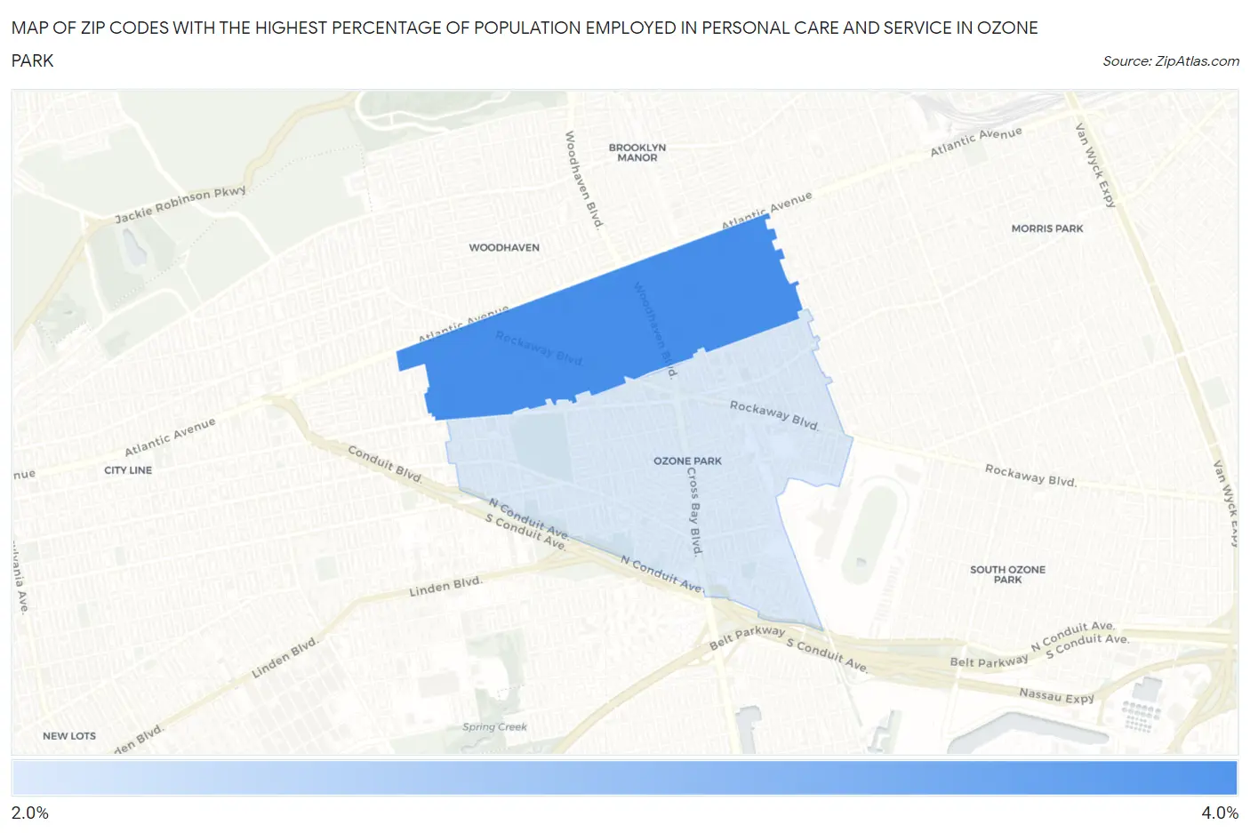 Zip Codes with the Highest Percentage of Population Employed in Personal Care and Service in Ozone Park Map