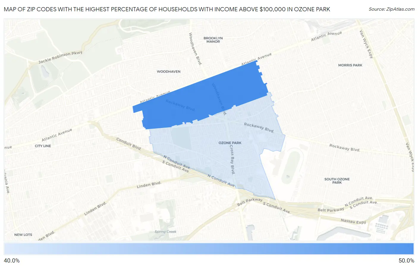 Zip Codes with the Highest Percentage of Households with Income Above $100,000 in Ozone Park Map