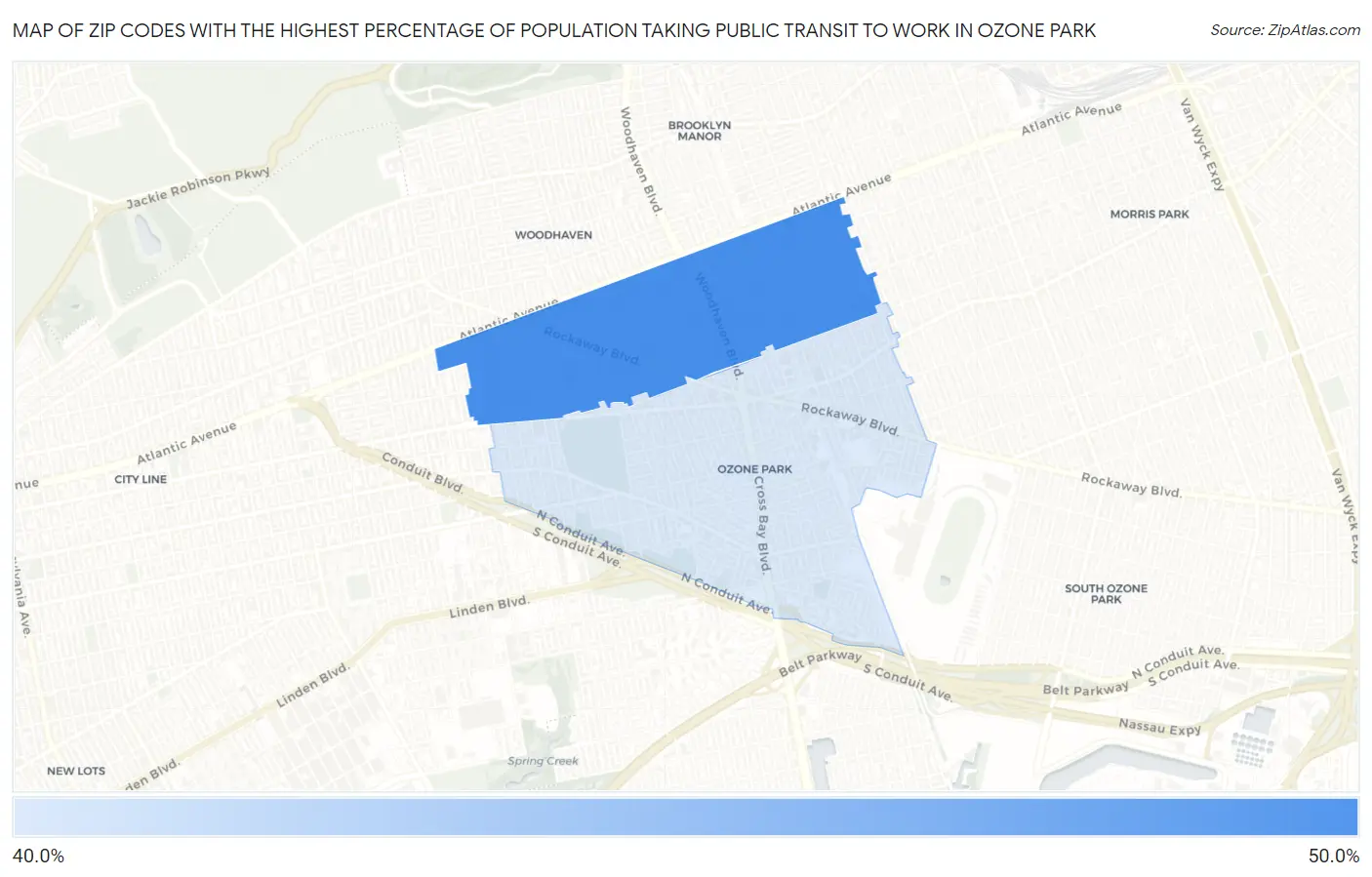 Zip Codes with the Highest Percentage of Population Taking Public Transit to Work in Ozone Park Map