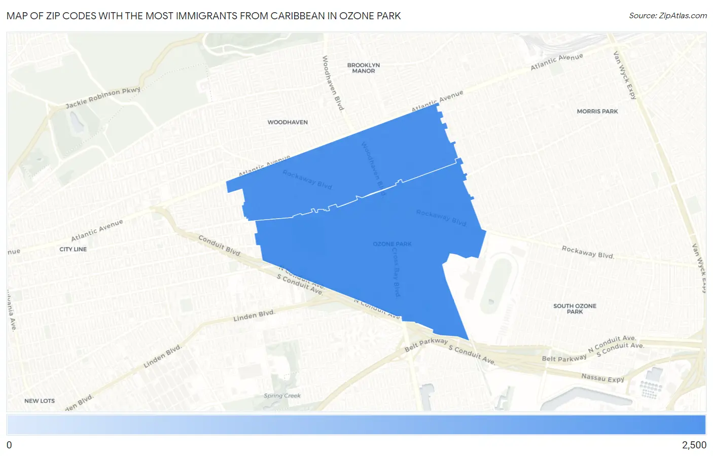 Zip Codes with the Most Immigrants from Caribbean in Ozone Park Map