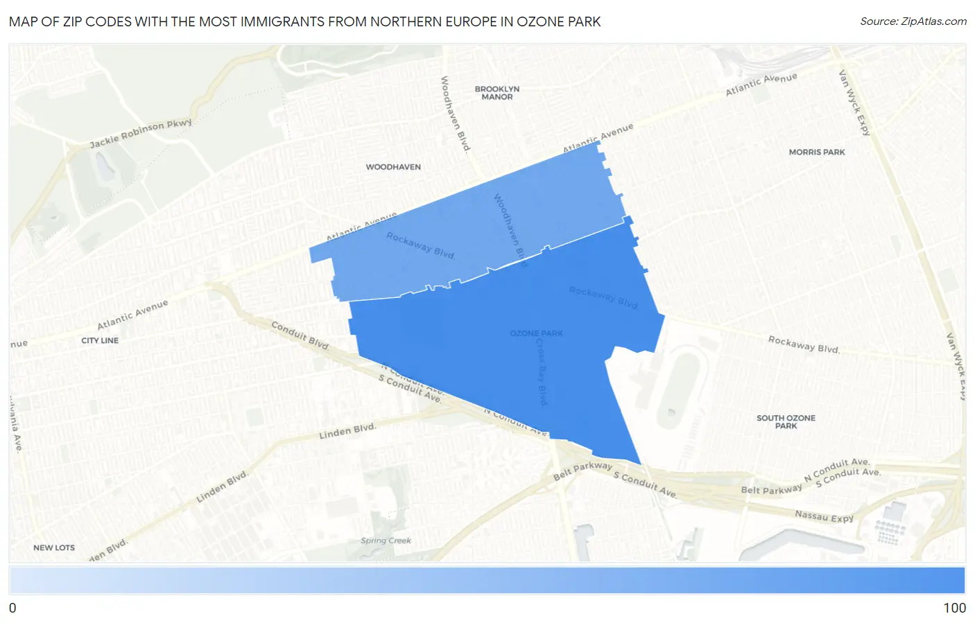 Zip Codes with the Most Immigrants from Northern Europe in Ozone Park Map