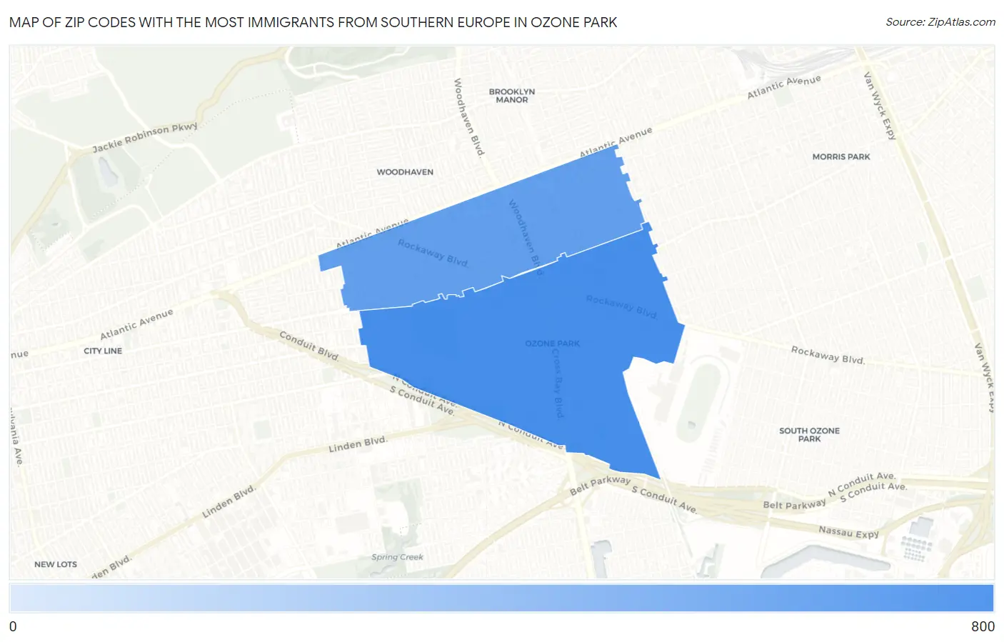 Zip Codes with the Most Immigrants from Southern Europe in Ozone Park Map