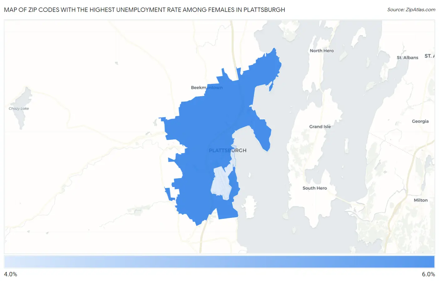 Zip Codes with the Highest Unemployment Rate Among Females in Plattsburgh Map