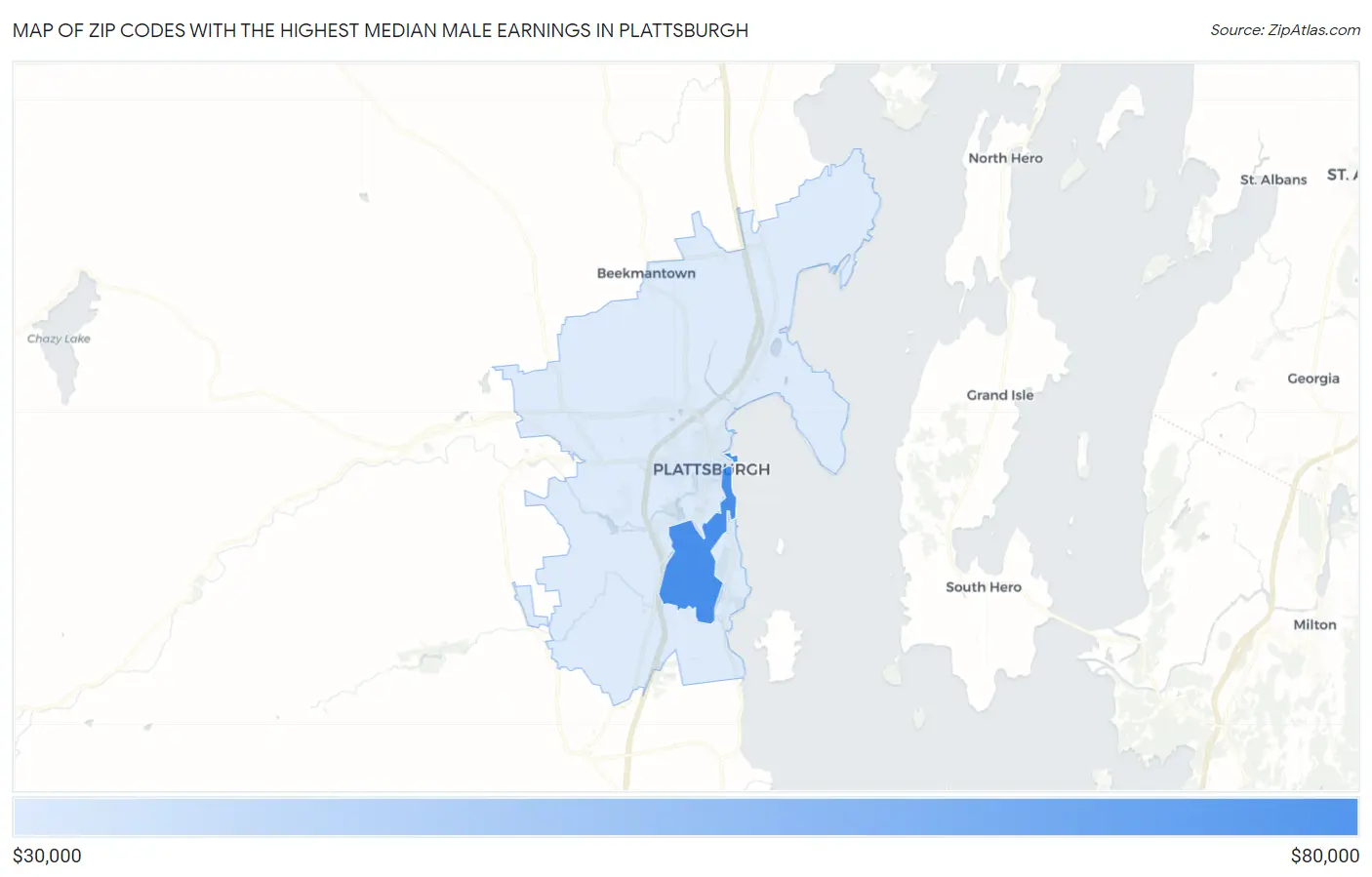Zip Codes with the Highest Median Male Earnings in Plattsburgh Map