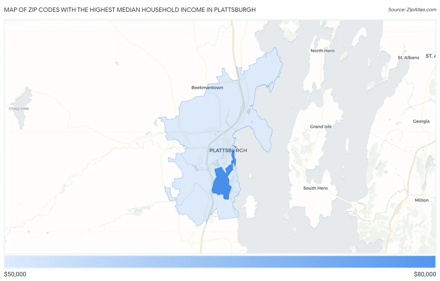 Zip Codes with the Highest Median Household Income in Plattsburgh Map