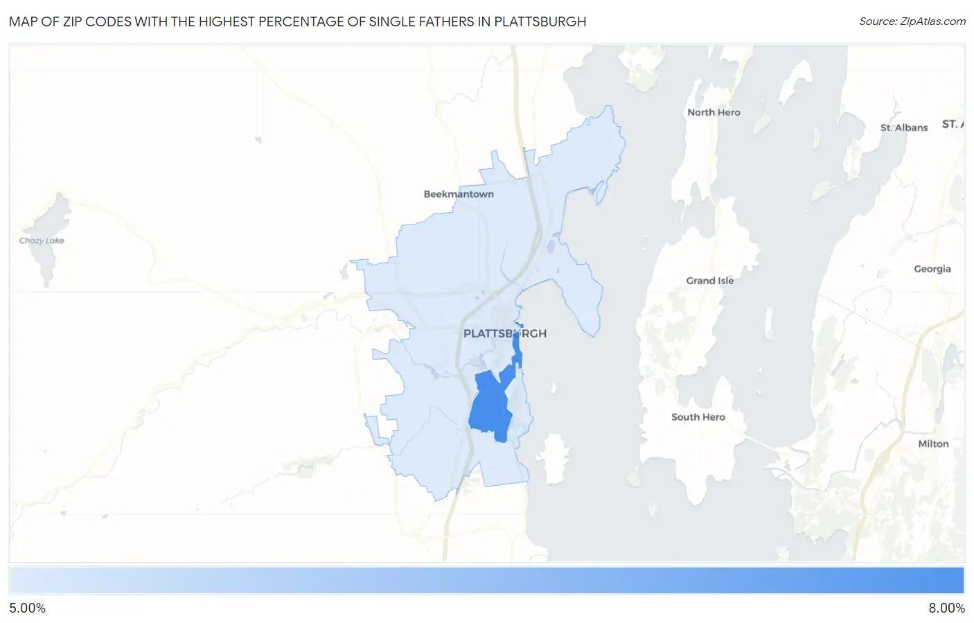 Zip Codes with the Highest Percentage of Single Fathers in Plattsburgh Map