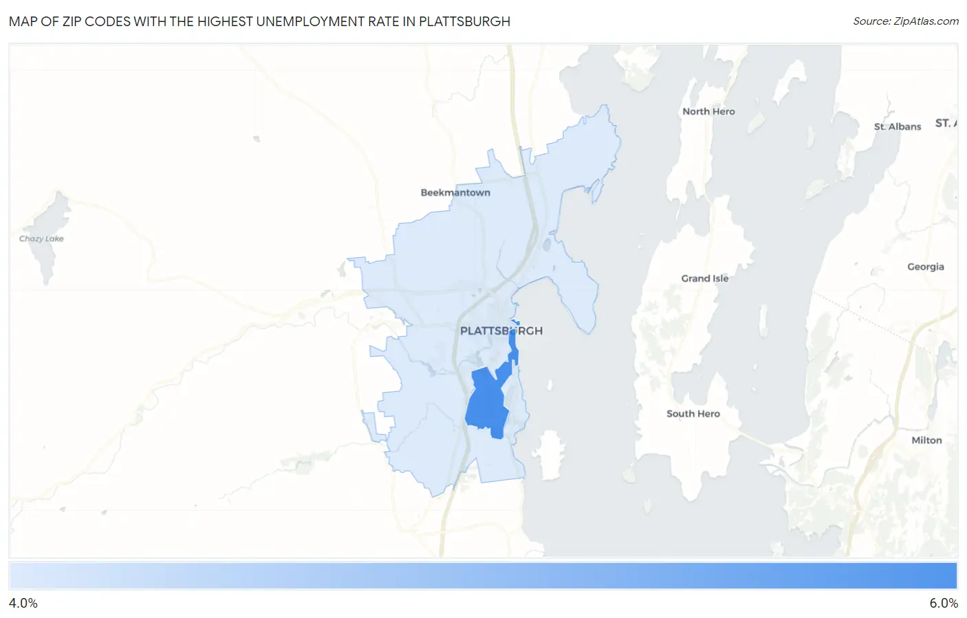Zip Codes with the Highest Unemployment Rate in Plattsburgh Map