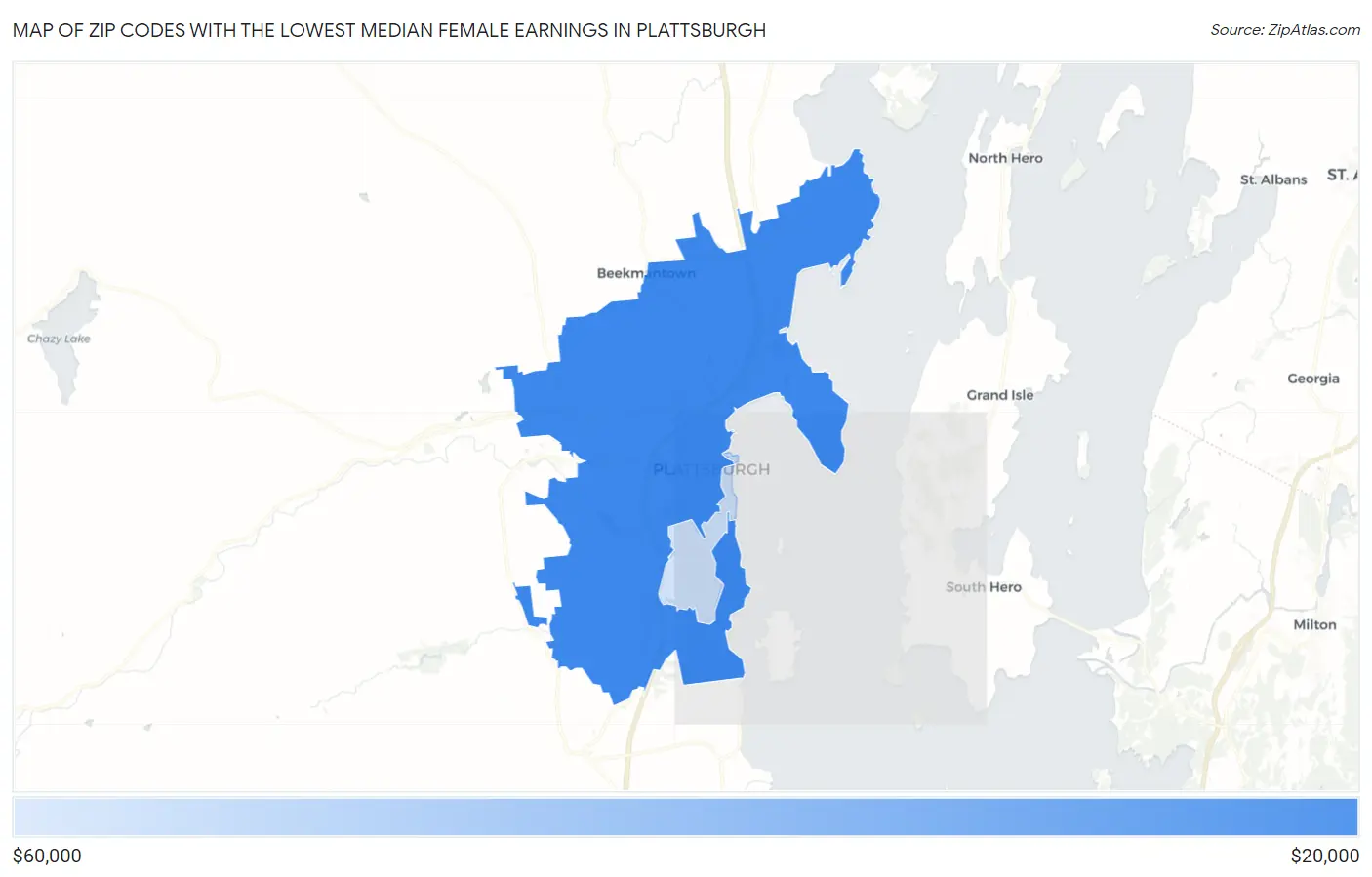 Zip Codes with the Lowest Median Female Earnings in Plattsburgh Map