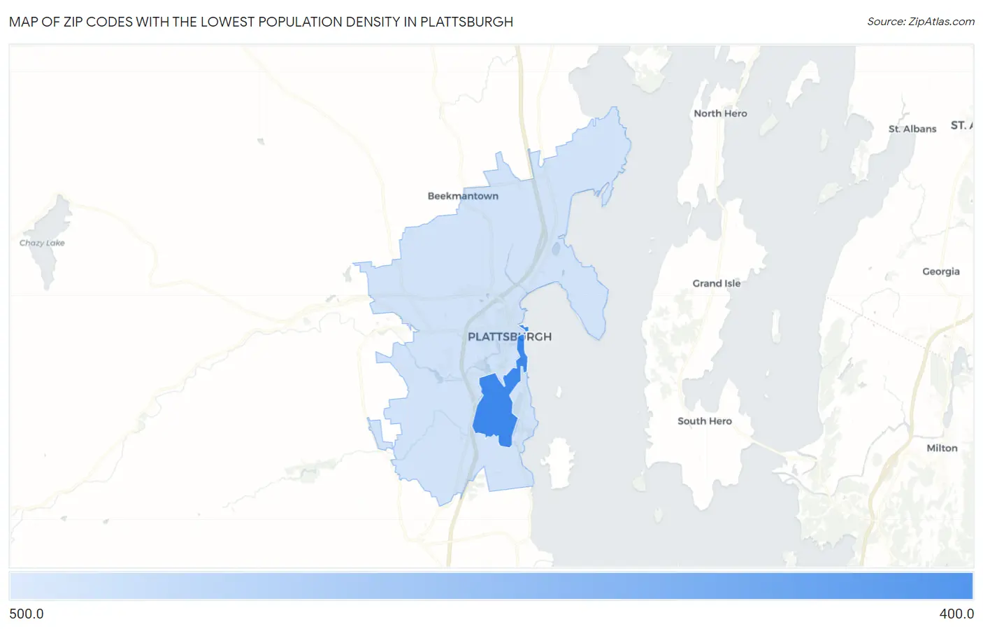 Zip Codes with the Lowest Population Density in Plattsburgh Map