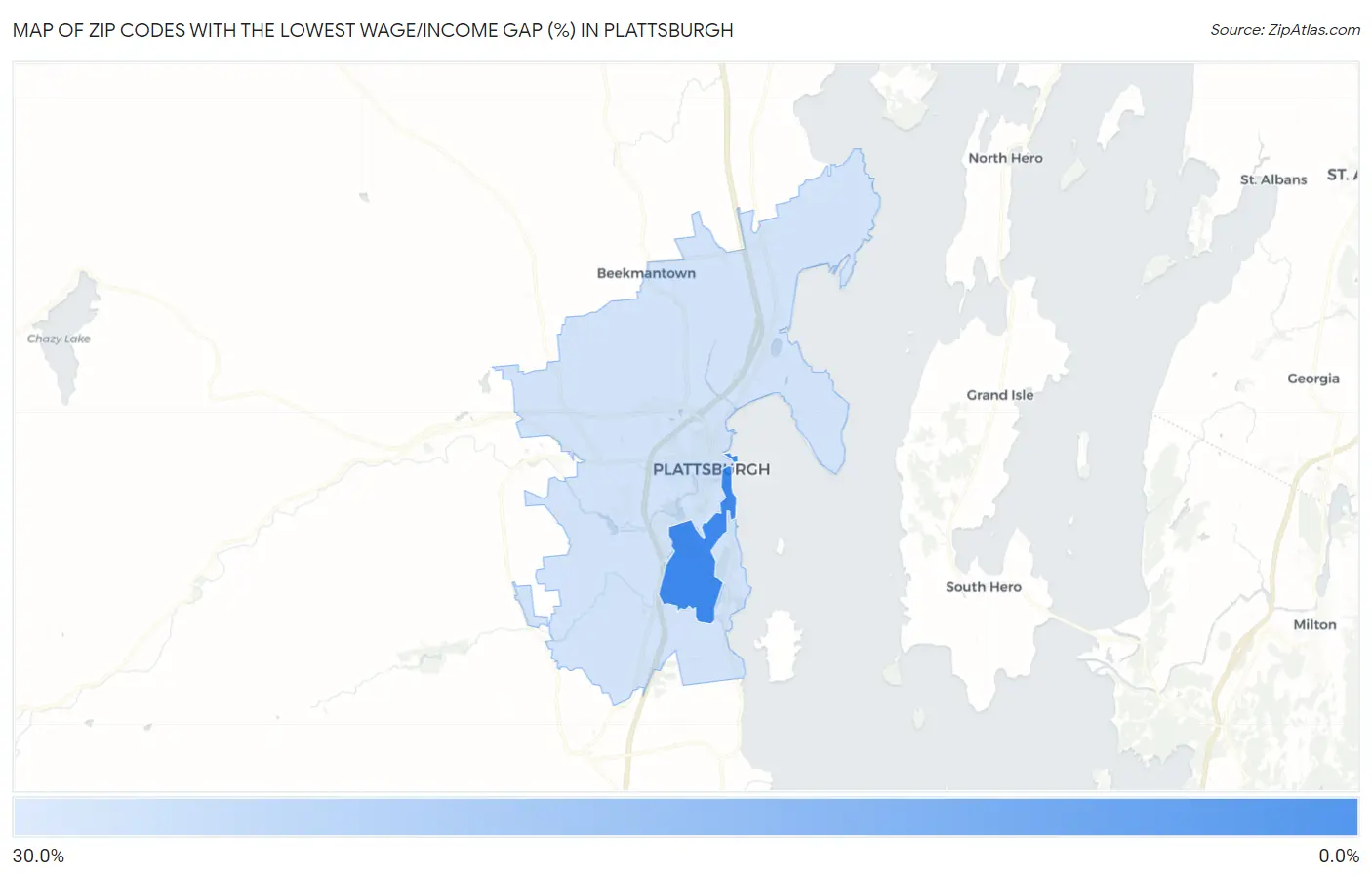 Zip Codes with the Lowest Wage/Income Gap (%) in Plattsburgh Map