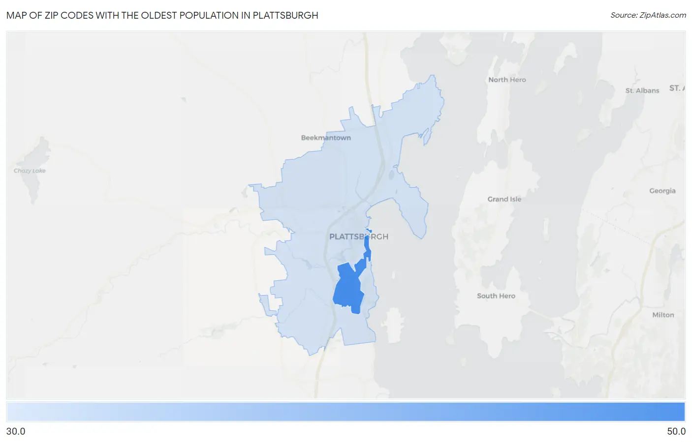 Zip Codes with the Oldest Population in Plattsburgh Map