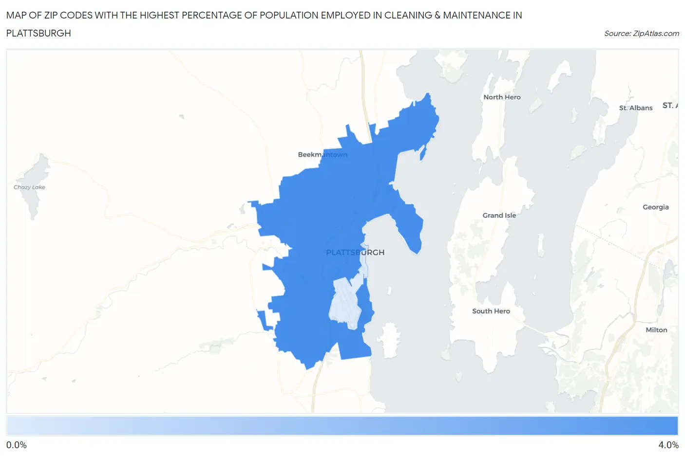 Zip Codes with the Highest Percentage of Population Employed in Cleaning & Maintenance in Plattsburgh Map