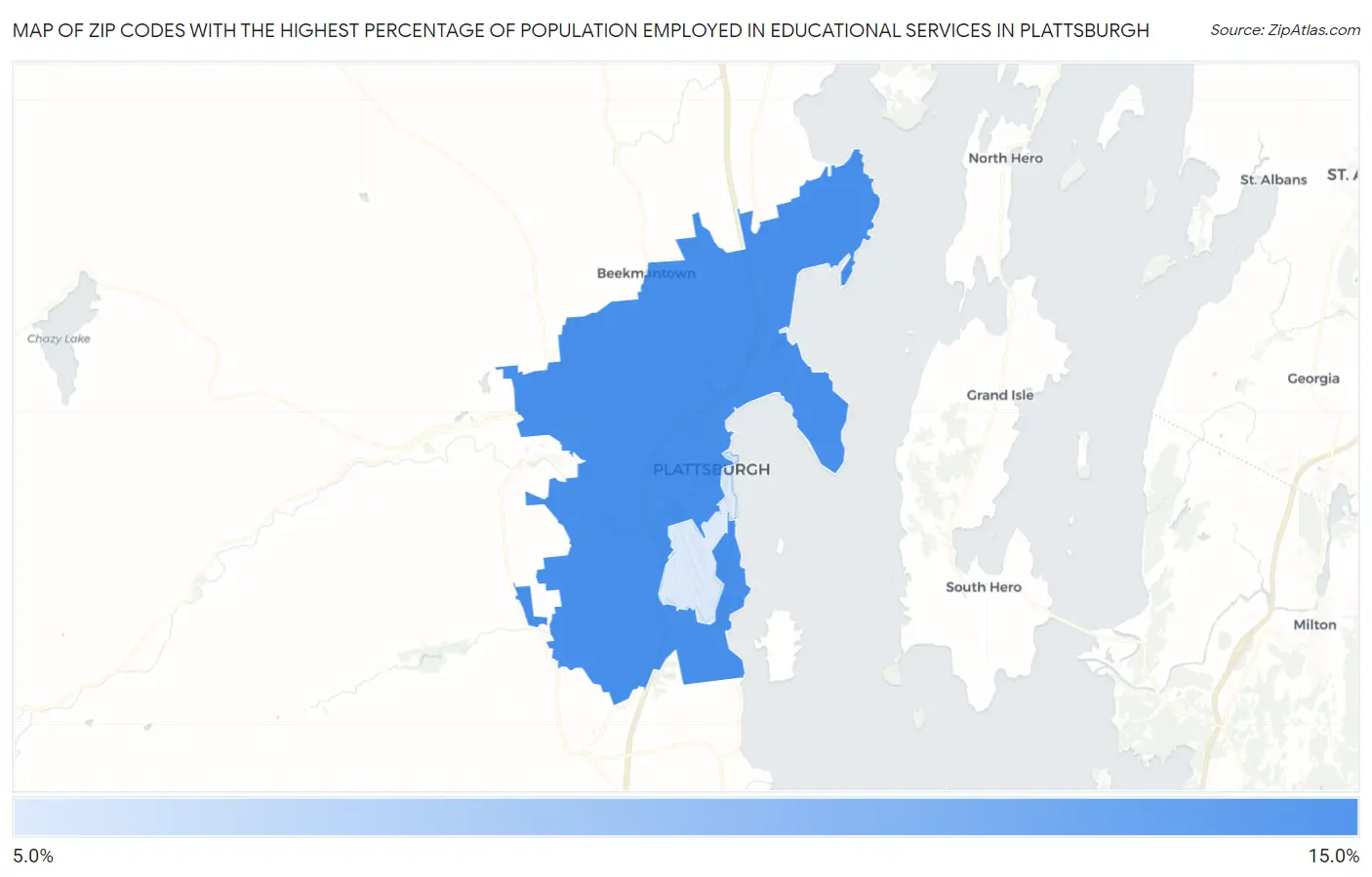 Zip Codes with the Highest Percentage of Population Employed in Educational Services in Plattsburgh Map
