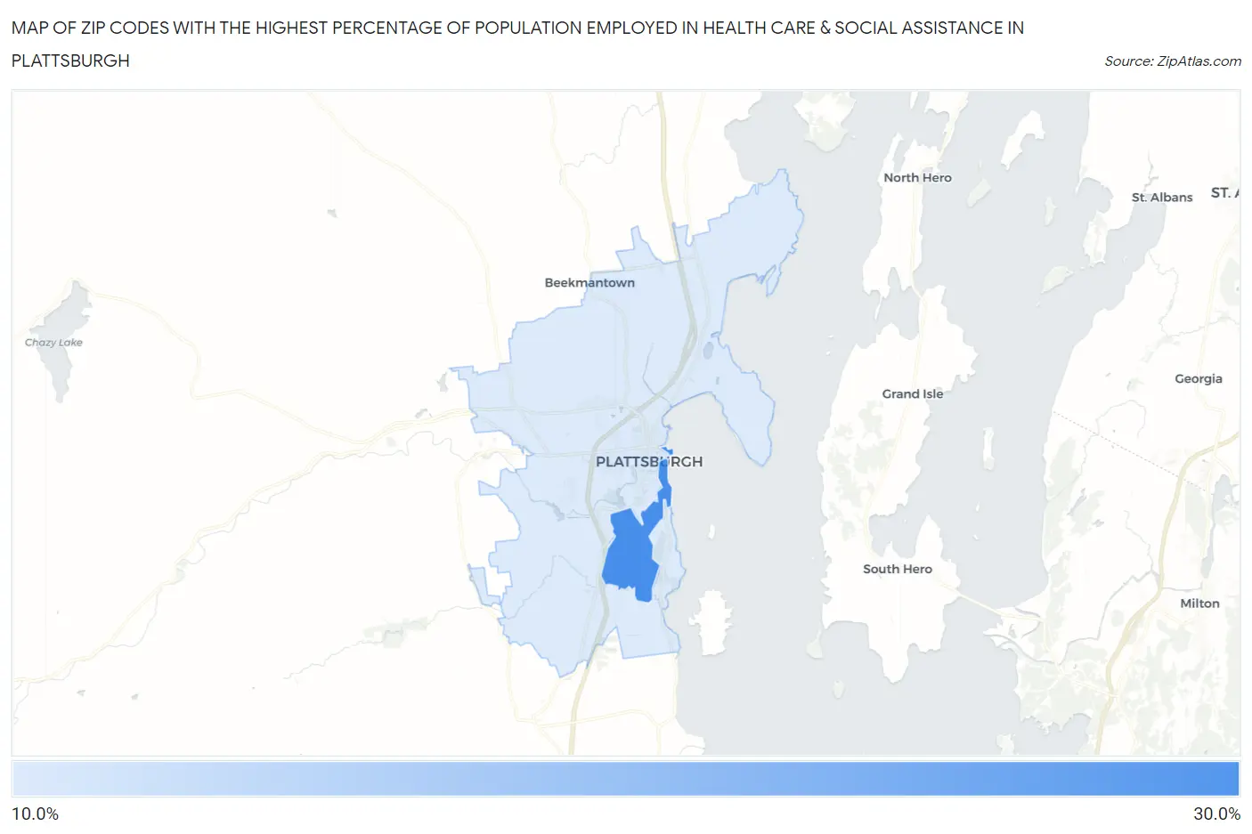 Zip Codes with the Highest Percentage of Population Employed in Health Care & Social Assistance in Plattsburgh Map