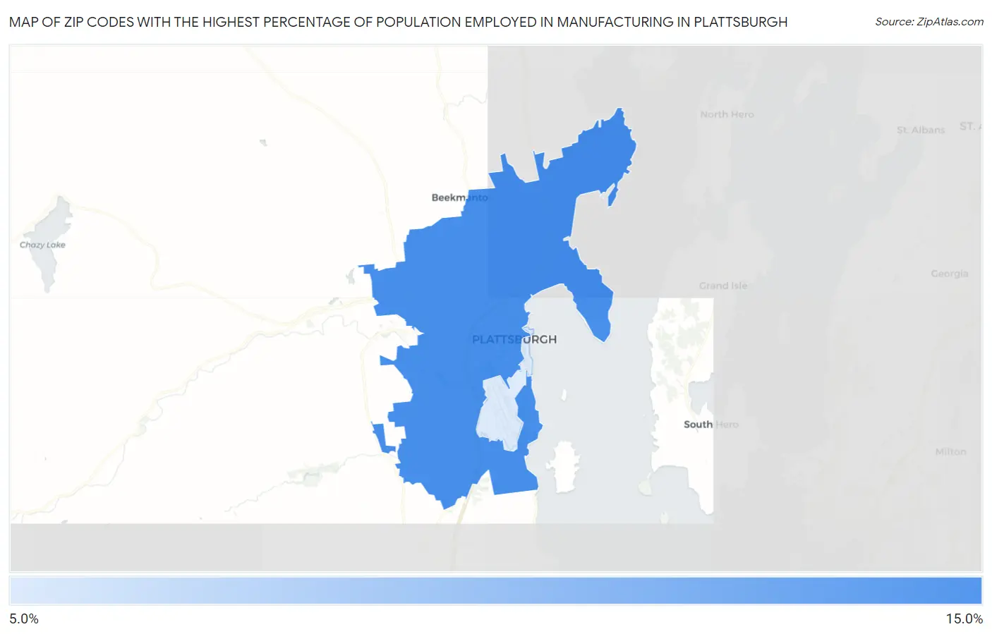 Zip Codes with the Highest Percentage of Population Employed in Manufacturing in Plattsburgh Map