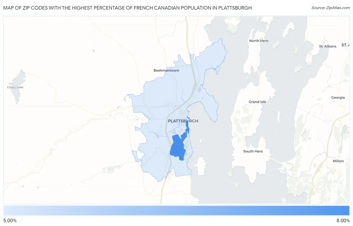 Zip Codes with the Highest Percentage of French Canadian Population in Plattsburgh Map