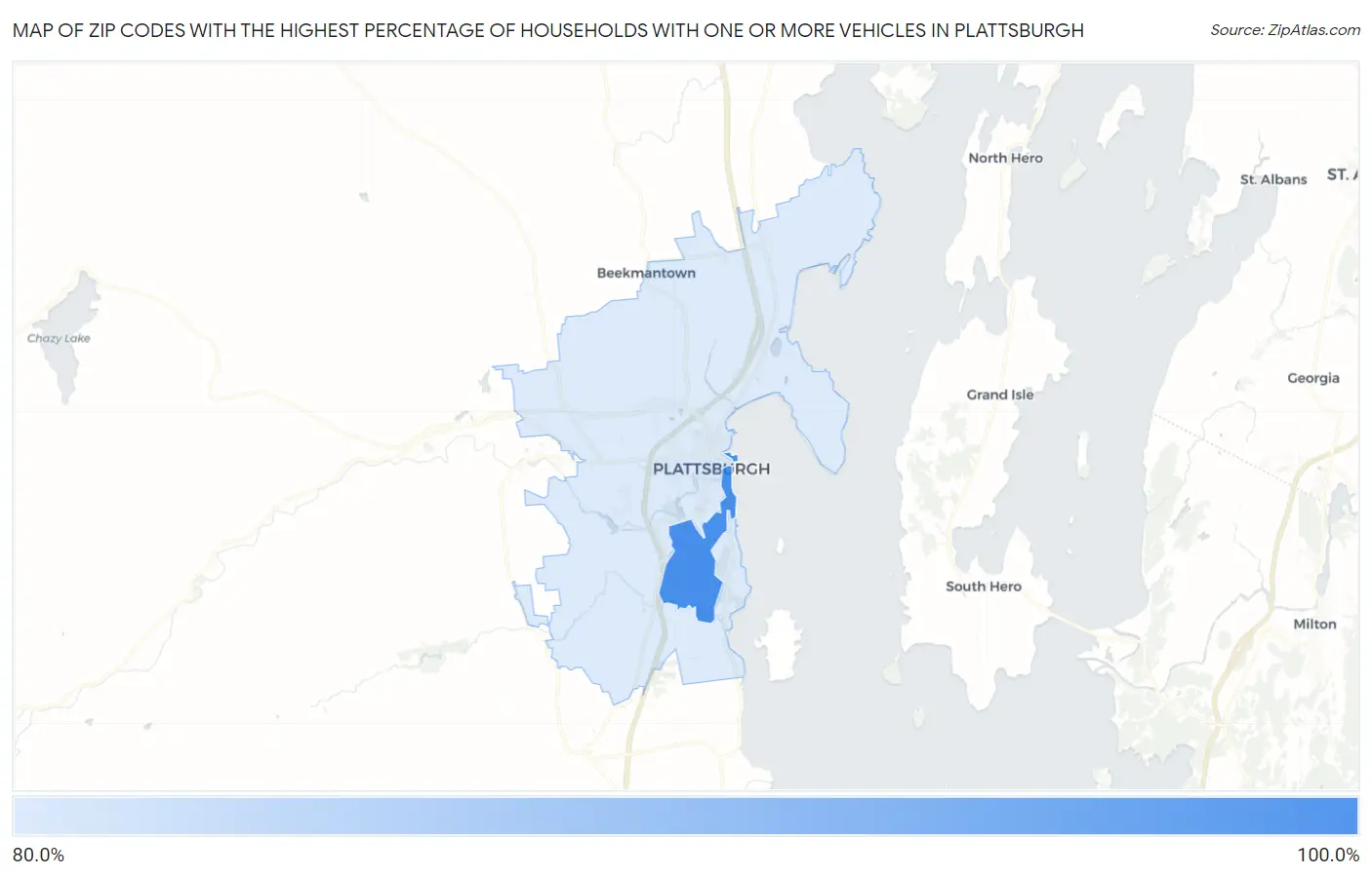Zip Codes with the Highest Percentage of Households With One or more Vehicles in Plattsburgh Map