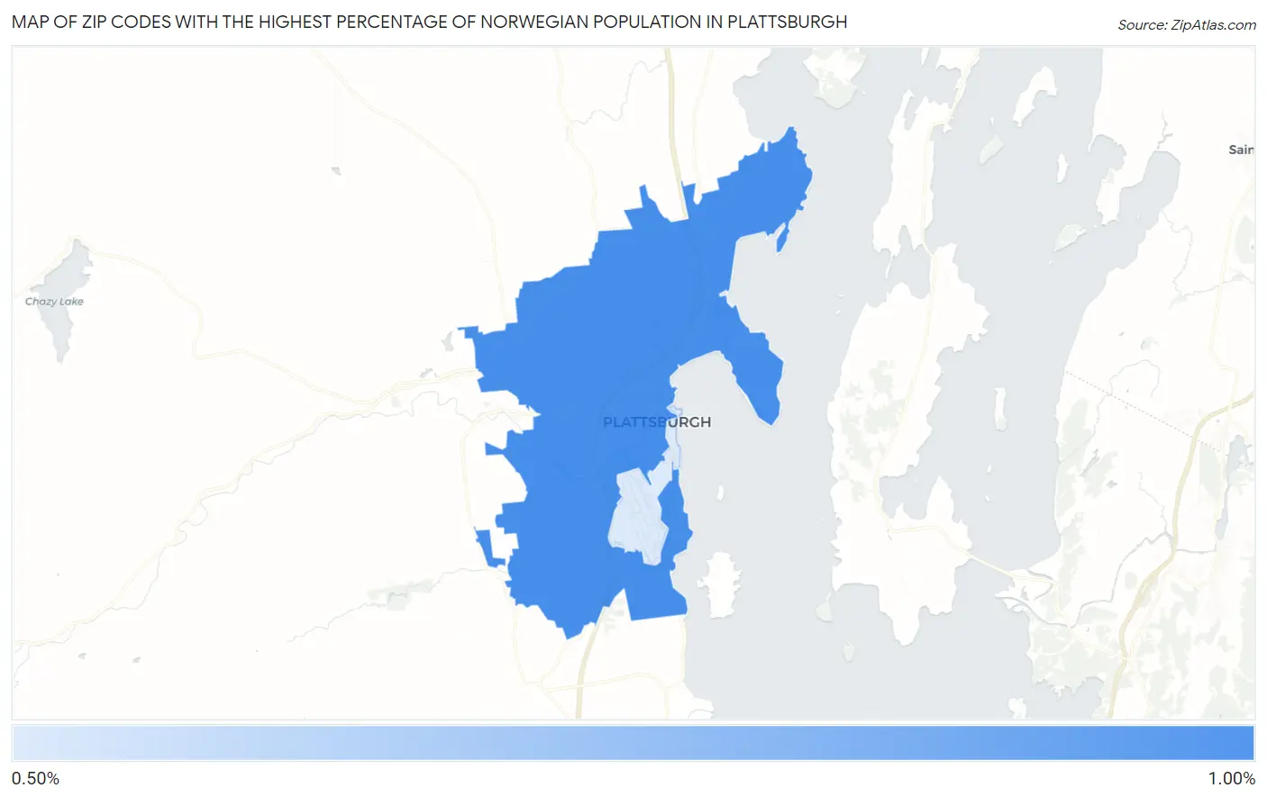 Zip Codes with the Highest Percentage of Norwegian Population in Plattsburgh Map