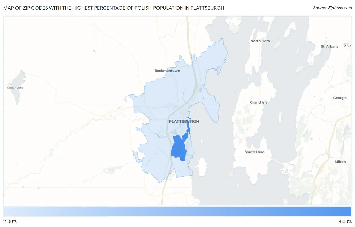 Zip Codes with the Highest Percentage of Polish Population in Plattsburgh Map