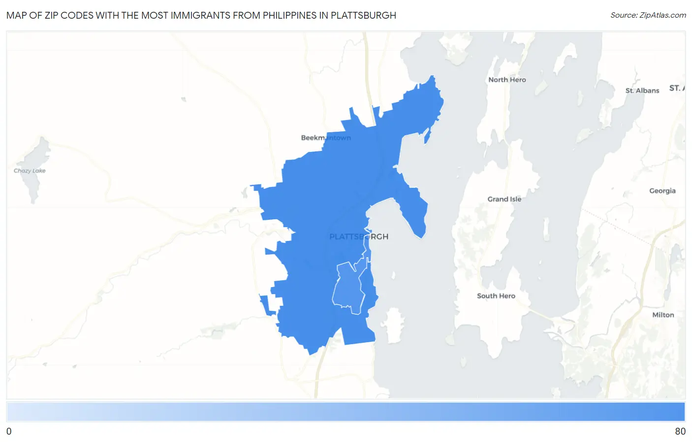 Zip Codes with the Most Immigrants from Philippines in Plattsburgh Map