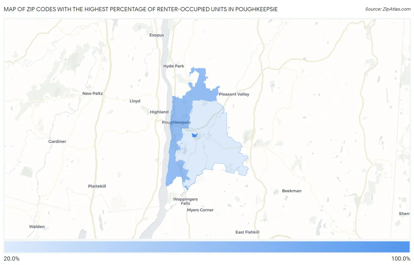 Zip Codes with the Highest Percentage of Renter-Occupied Units in Poughkeepsie Map