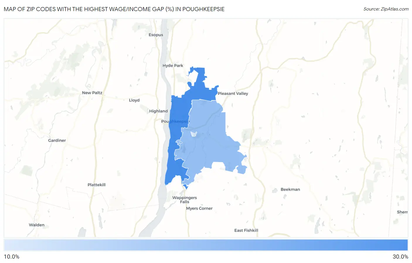 Zip Codes with the Highest Wage/Income Gap (%) in Poughkeepsie Map