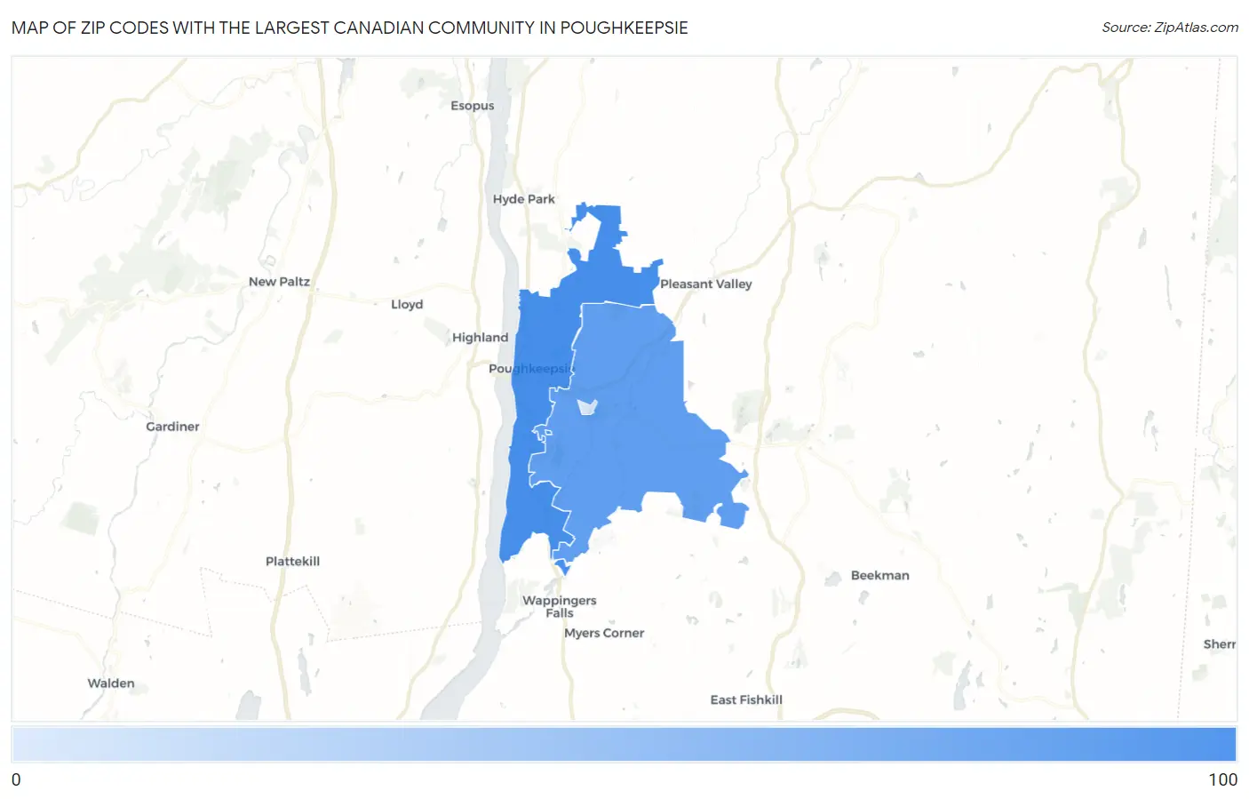 Zip Codes with the Largest Canadian Community in Poughkeepsie Map
