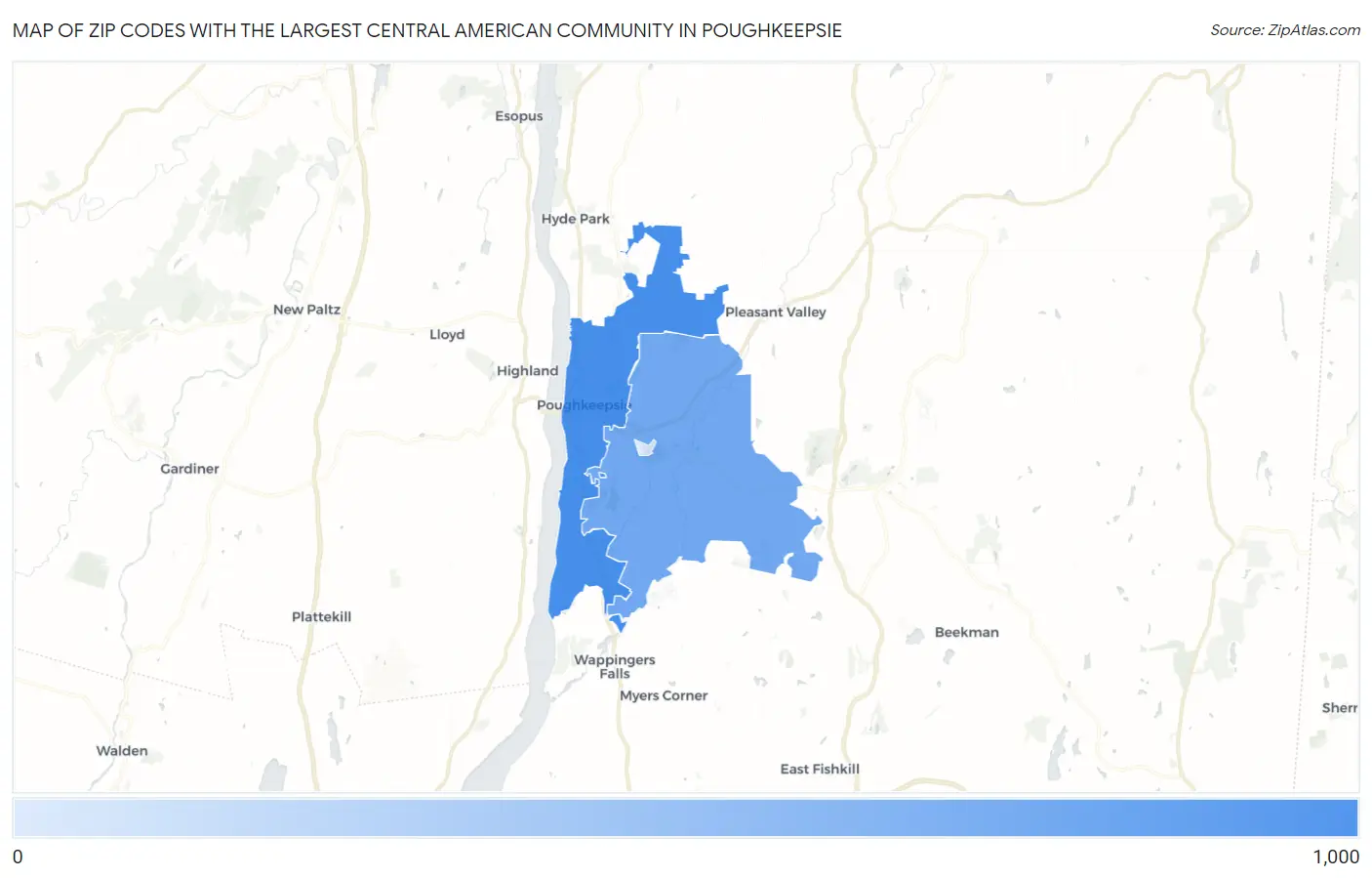 Zip Codes with the Largest Central American Community in Poughkeepsie Map