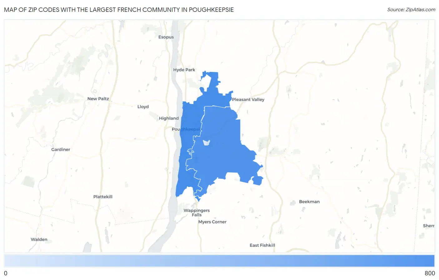 Zip Codes with the Largest French Community in Poughkeepsie Map