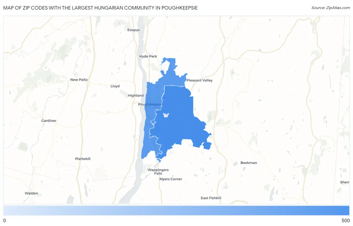 Zip Codes with the Largest Hungarian Community in Poughkeepsie Map