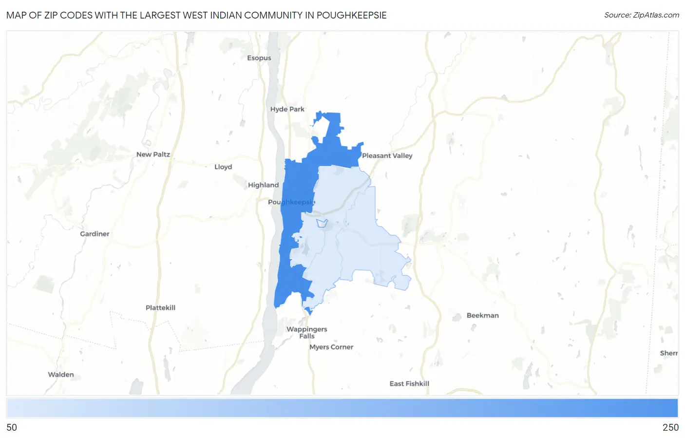 Zip Codes with the Largest West Indian Community in Poughkeepsie Map