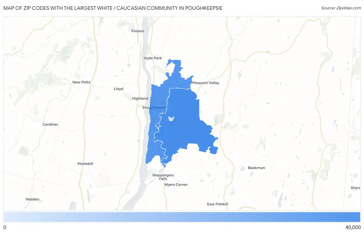 Zip Codes with the Largest White / Caucasian Community in Poughkeepsie Map