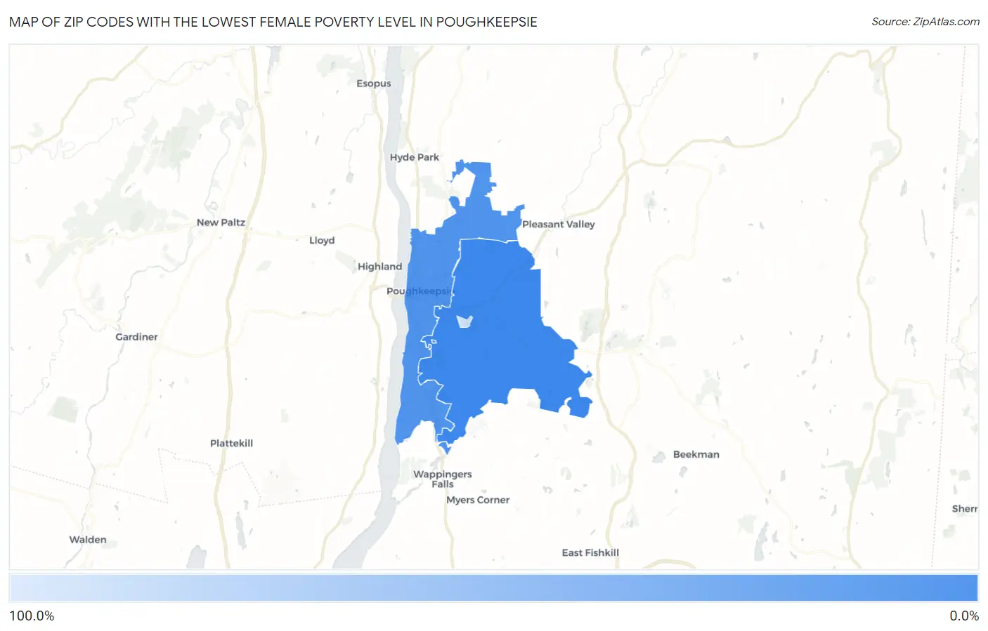 Zip Codes with the Lowest Female Poverty Level in Poughkeepsie Map