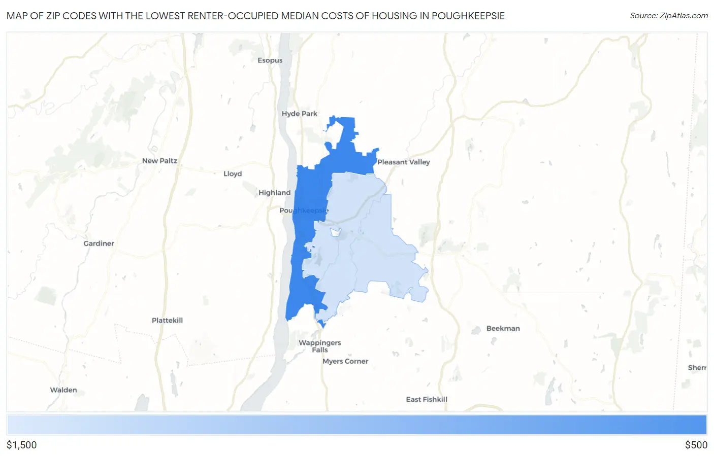 Zip Codes with the Lowest Renter-Occupied Median Costs of Housing in Poughkeepsie Map