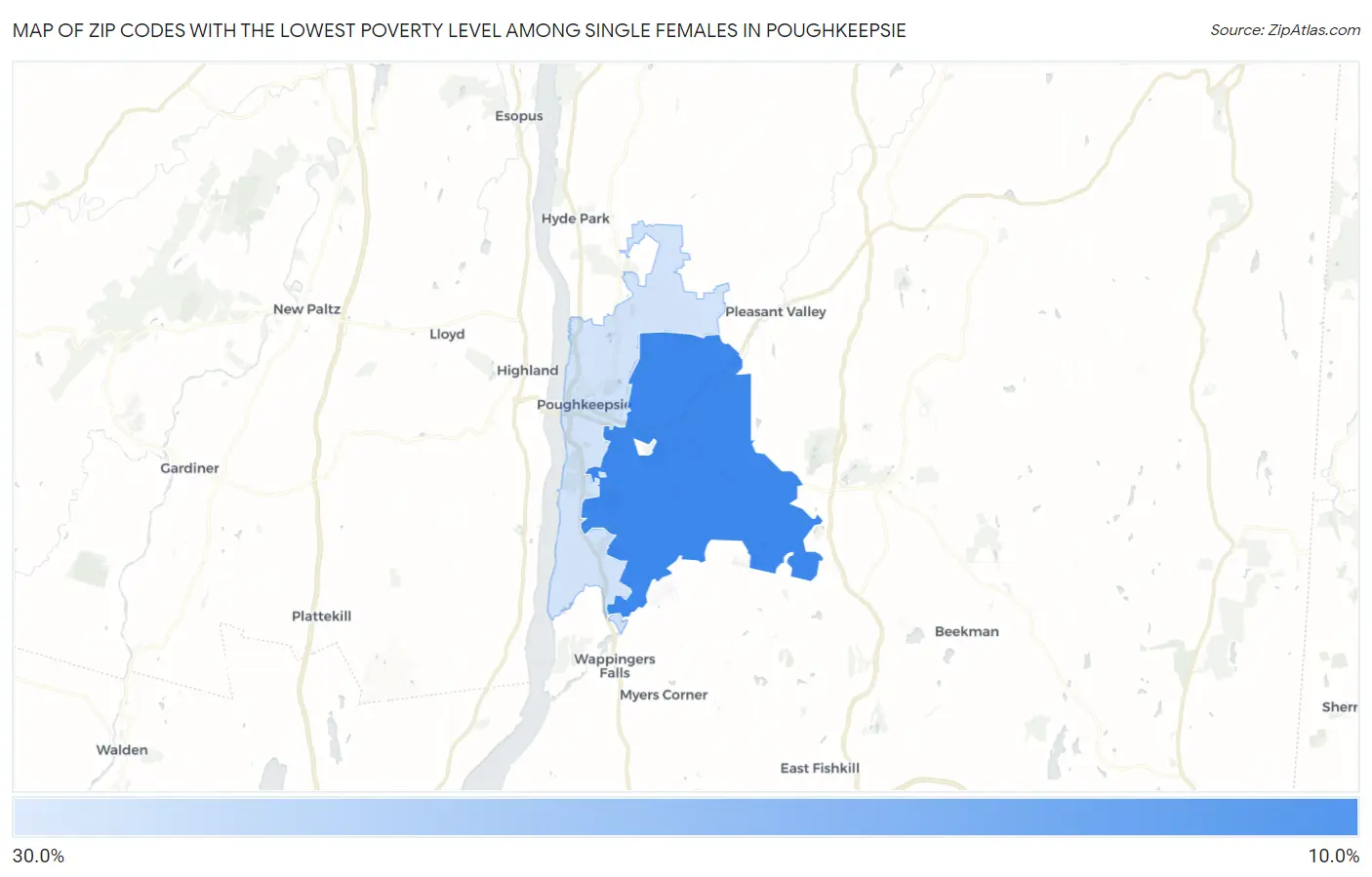 Zip Codes with the Lowest Poverty Level Among Single Females in Poughkeepsie Map
