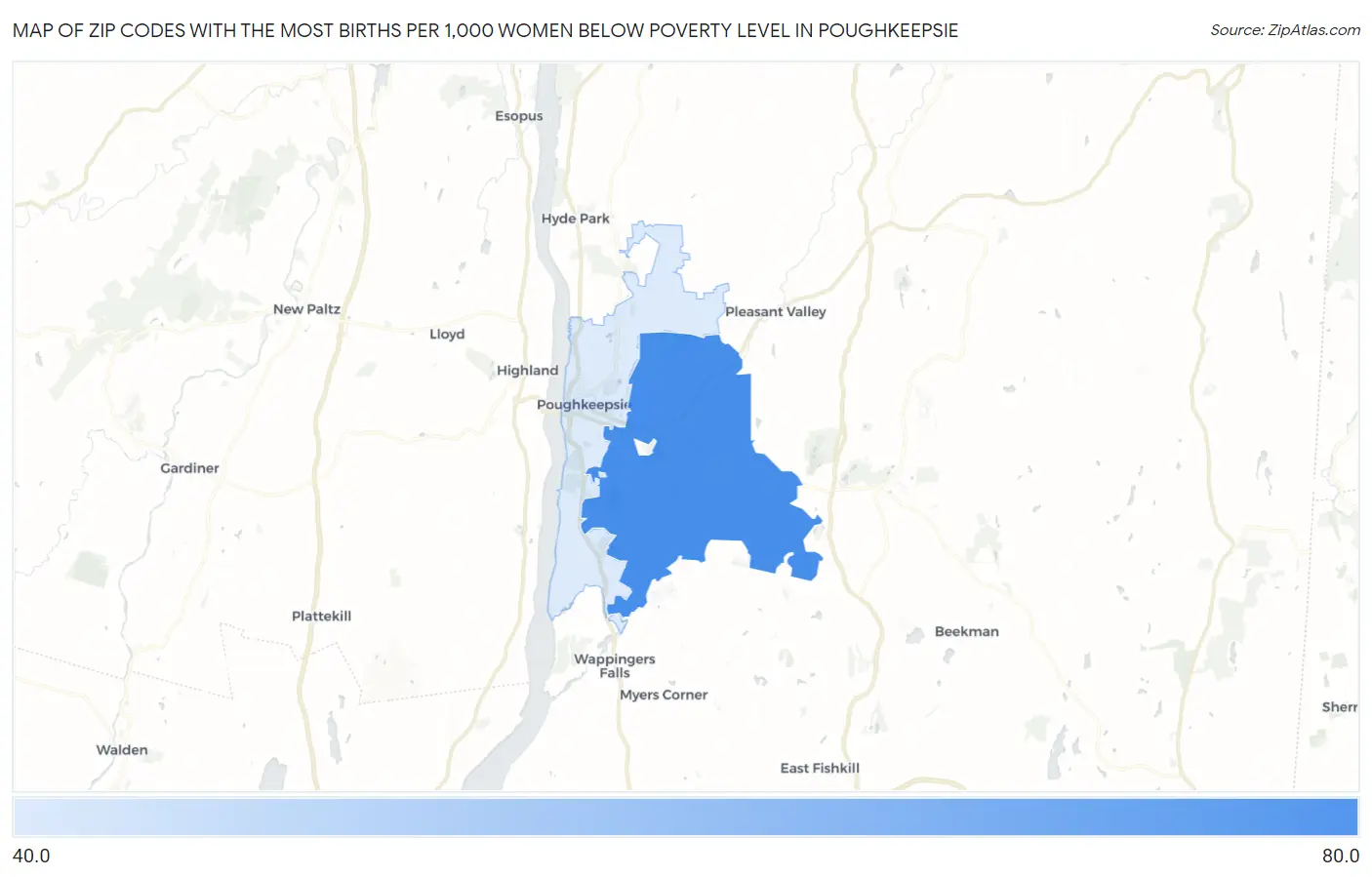 Zip Codes with the Most Births per 1,000 Women Below Poverty Level in Poughkeepsie Map