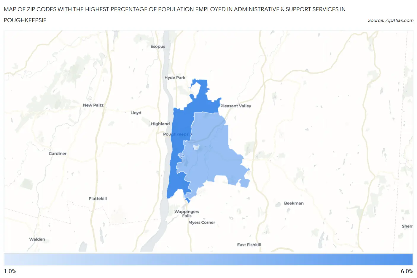 Zip Codes with the Highest Percentage of Population Employed in Administrative & Support Services in Poughkeepsie Map